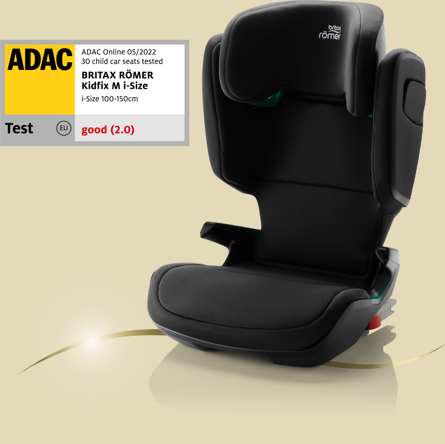 Britax R&ouml;mer KIDFIX M i-SIZE car seat with high back; next to it, an ADAC test label with rating good (2.0).